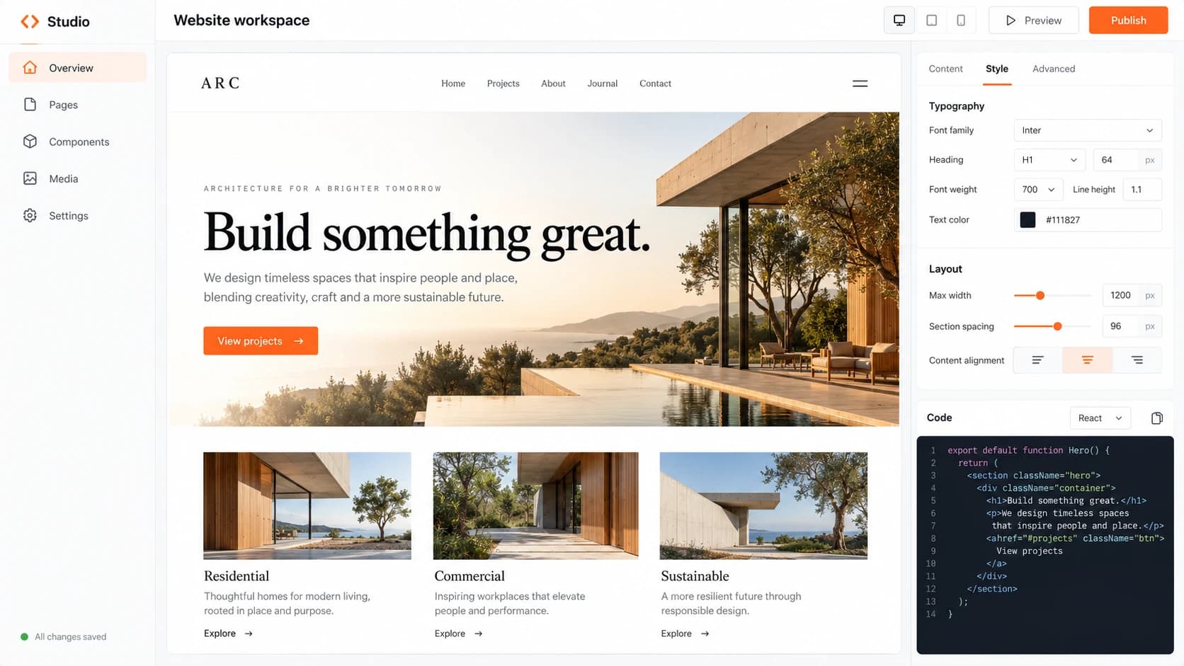 Development workspace concept with a website preview, layout tools and React code