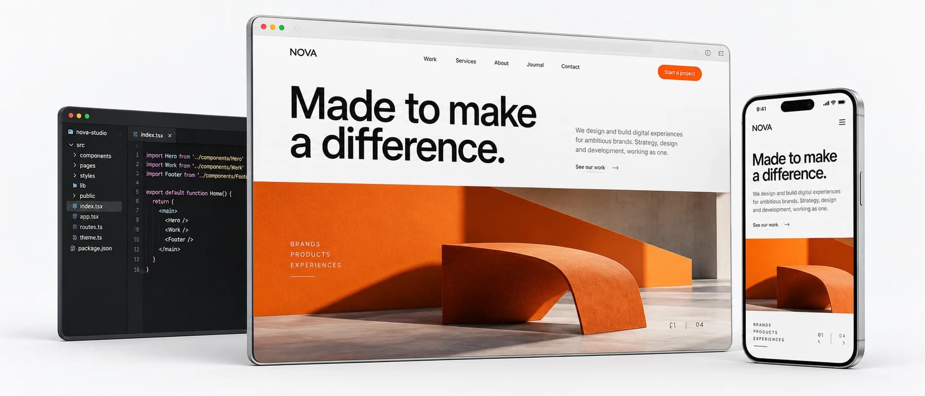 Illustrative website product with desktop design, responsive phone and code editor