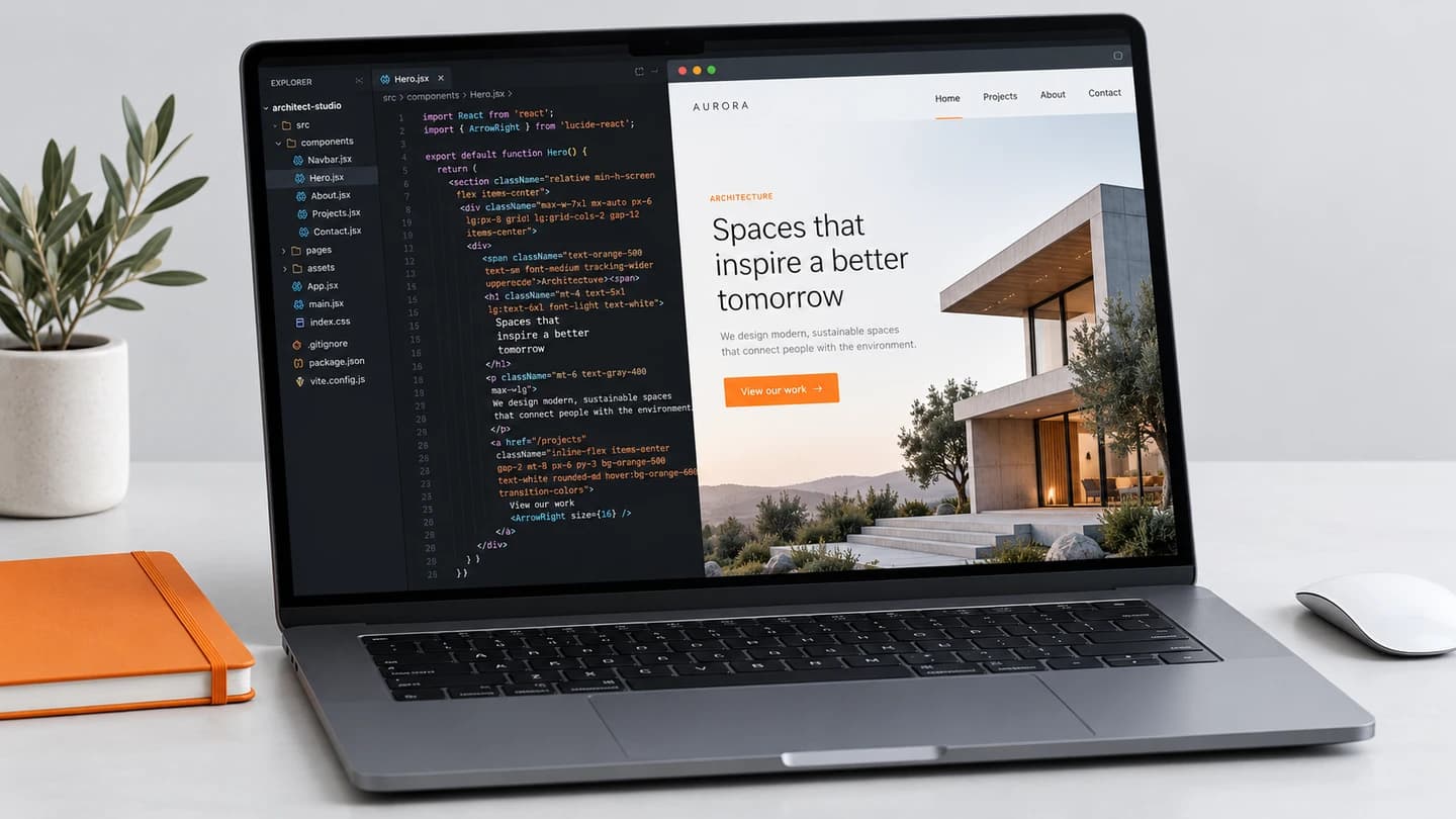 Laptop displaying website code alongside a live design preview