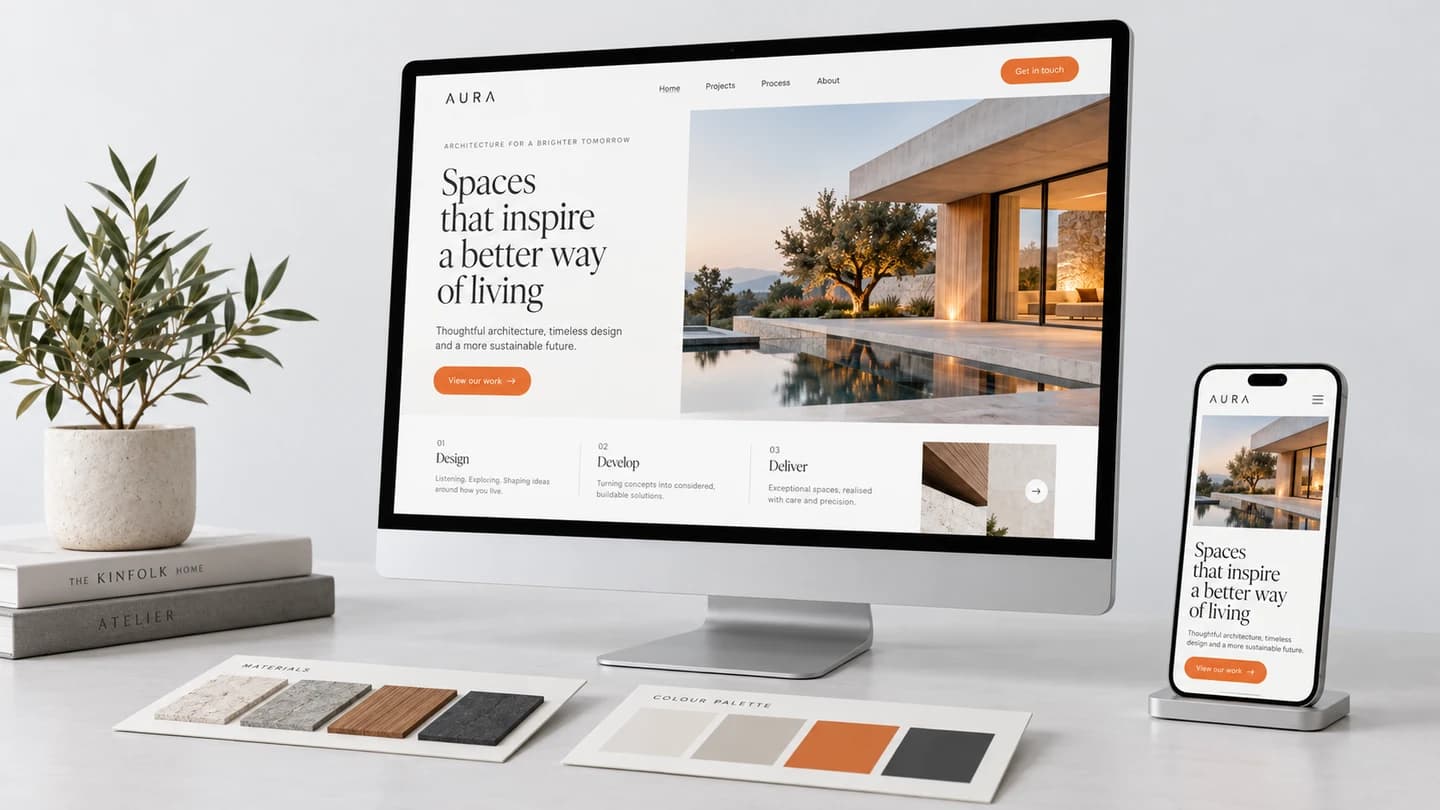 Website design concept on a desktop and phone with colour and material swatches