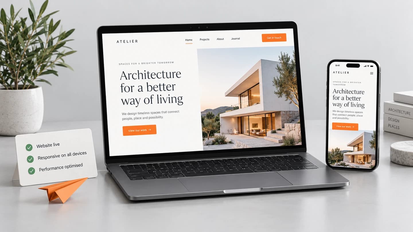 Finished website concept on a laptop and phone beside a launch checklist