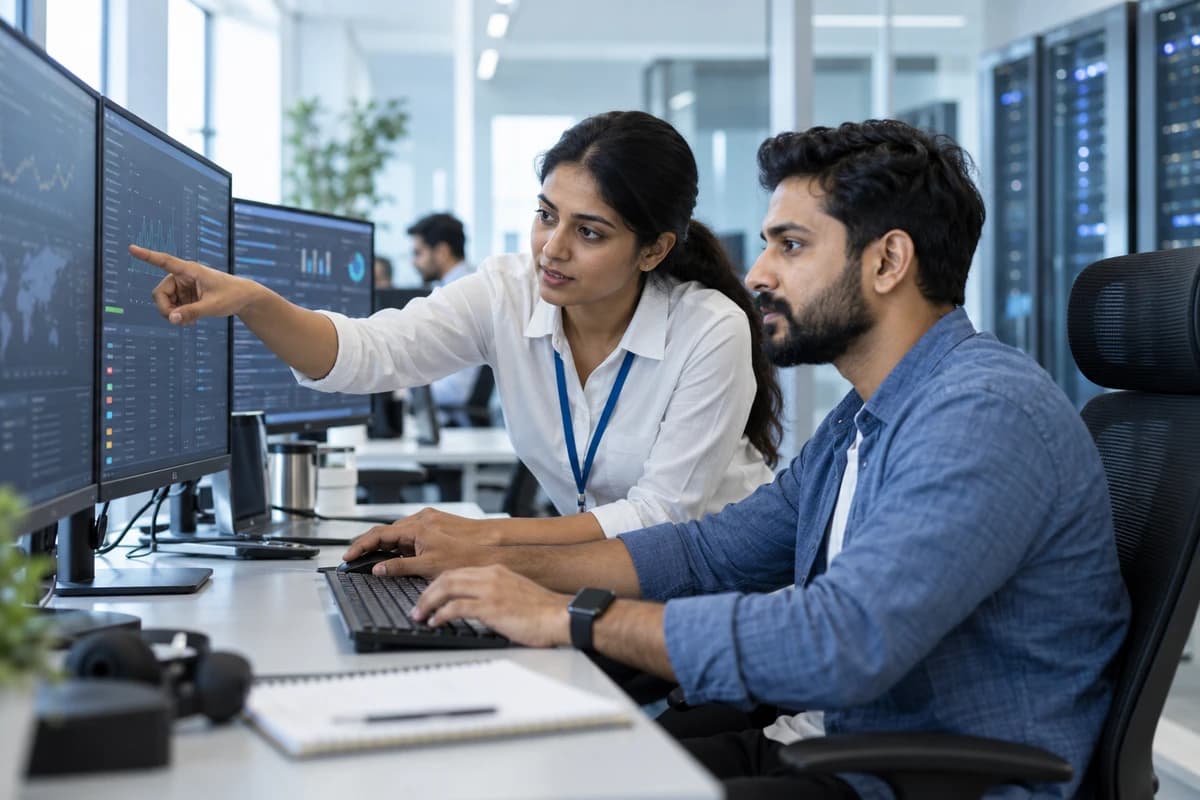Illustration of system administrators collaborating on server monitoring
