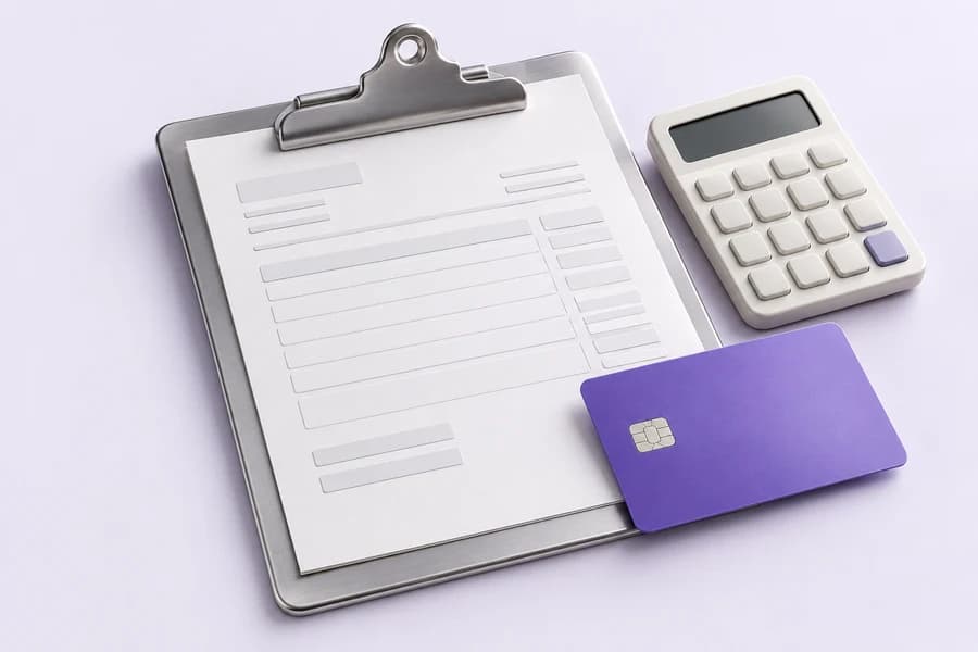 Invoice clipboard, calculator and payment card