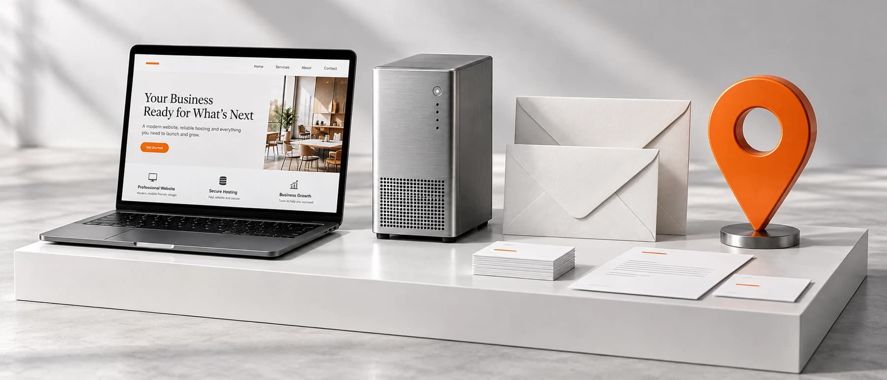 Illustrative business launch kit with a website laptop, server, business envelopes and map location pin